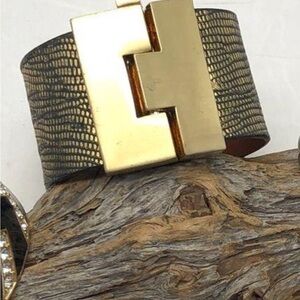 LEIGHELENA Jigsaw Wide Lizard Leather Cuff Bracelet Gold-Tone & Leather